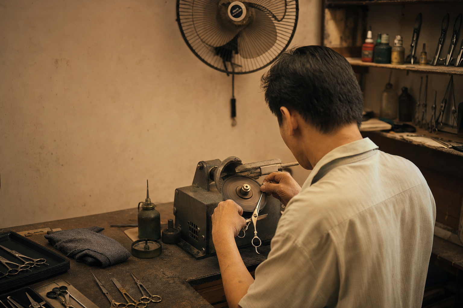 Founder sharpening professional scissors