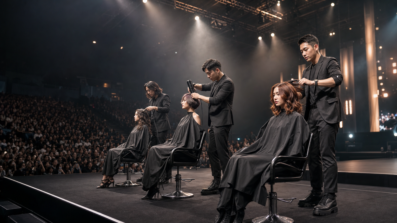 Professional hair show with stylists performing on models in an arena